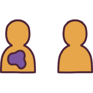 a symbol of two yellow silhouettes. The one on the left has a purple blob on their chest to represent emotion, and the one on the right has no purple blob